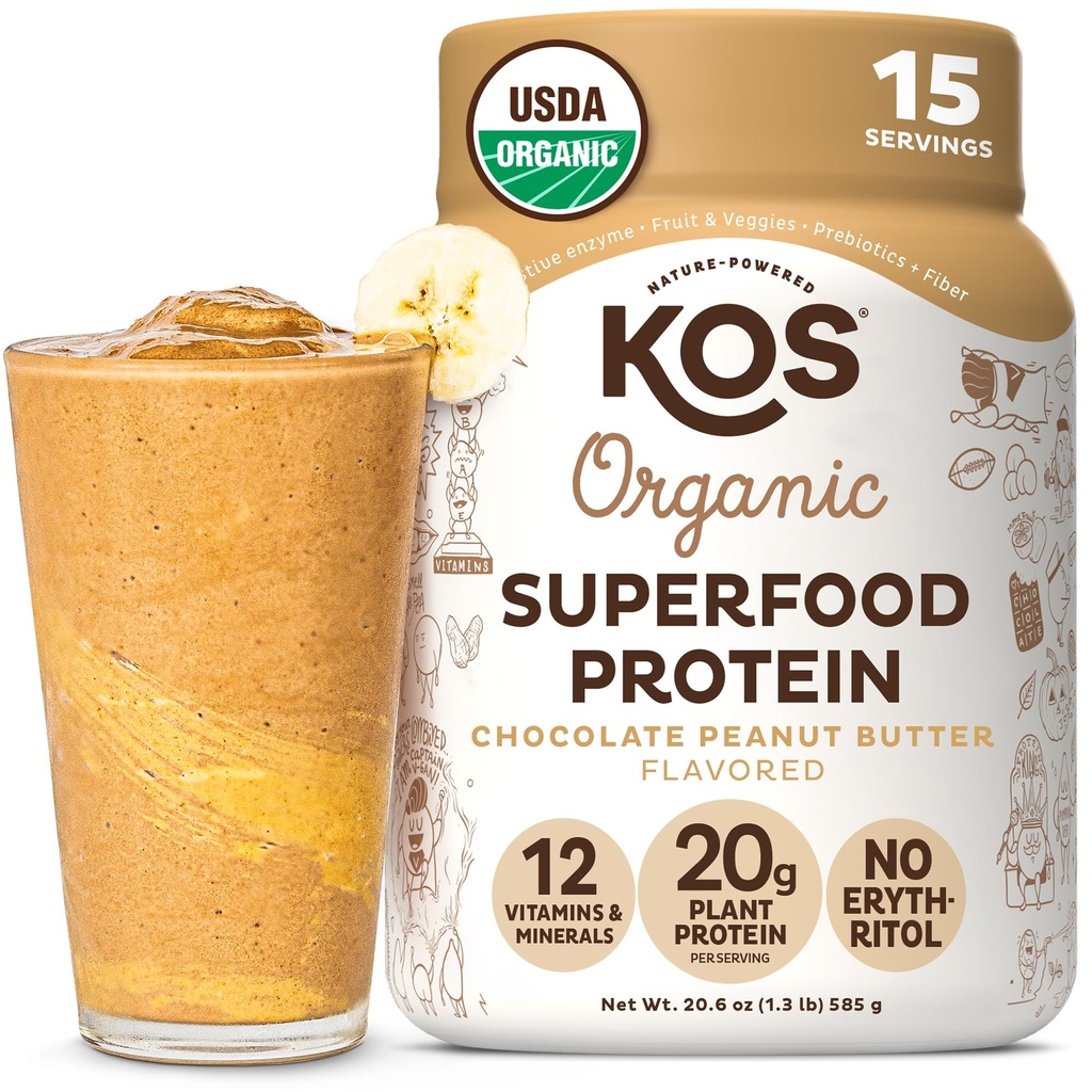 KOS Organic Plant Based Protein Powder, Chocolate Peanut Butter - Delicious Vegan Protein Powder - Keto Friendly, Glutenfrei, Dairy Free & Soy Free - 15 Portionen