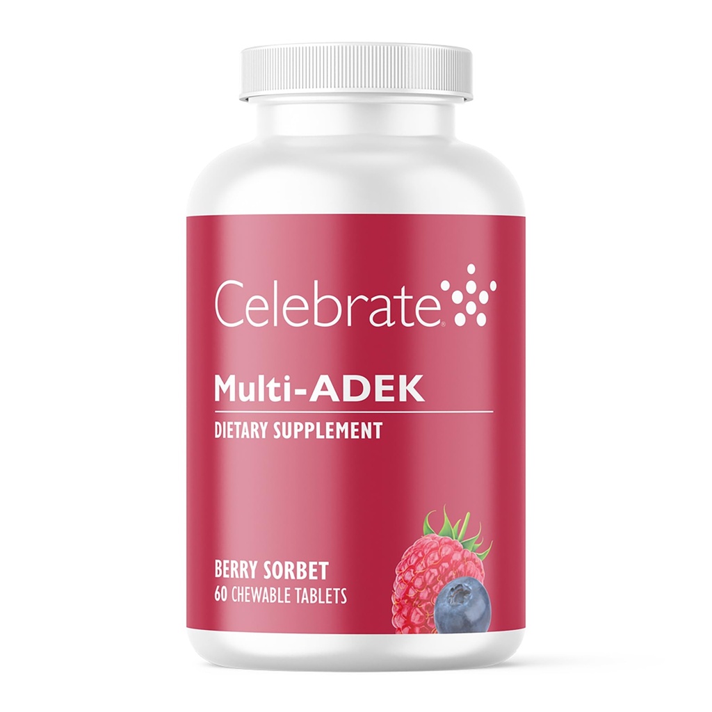 Celebrare le vitamine Multi ADEK Chewables, Iron Free - Daily Bariatric Multivitamin, Alto livello di vitamine A, D, E, K & B12 per i pazienti di chirurgia di commutazione Duodenal - Berry Sorbert (60 compresse)