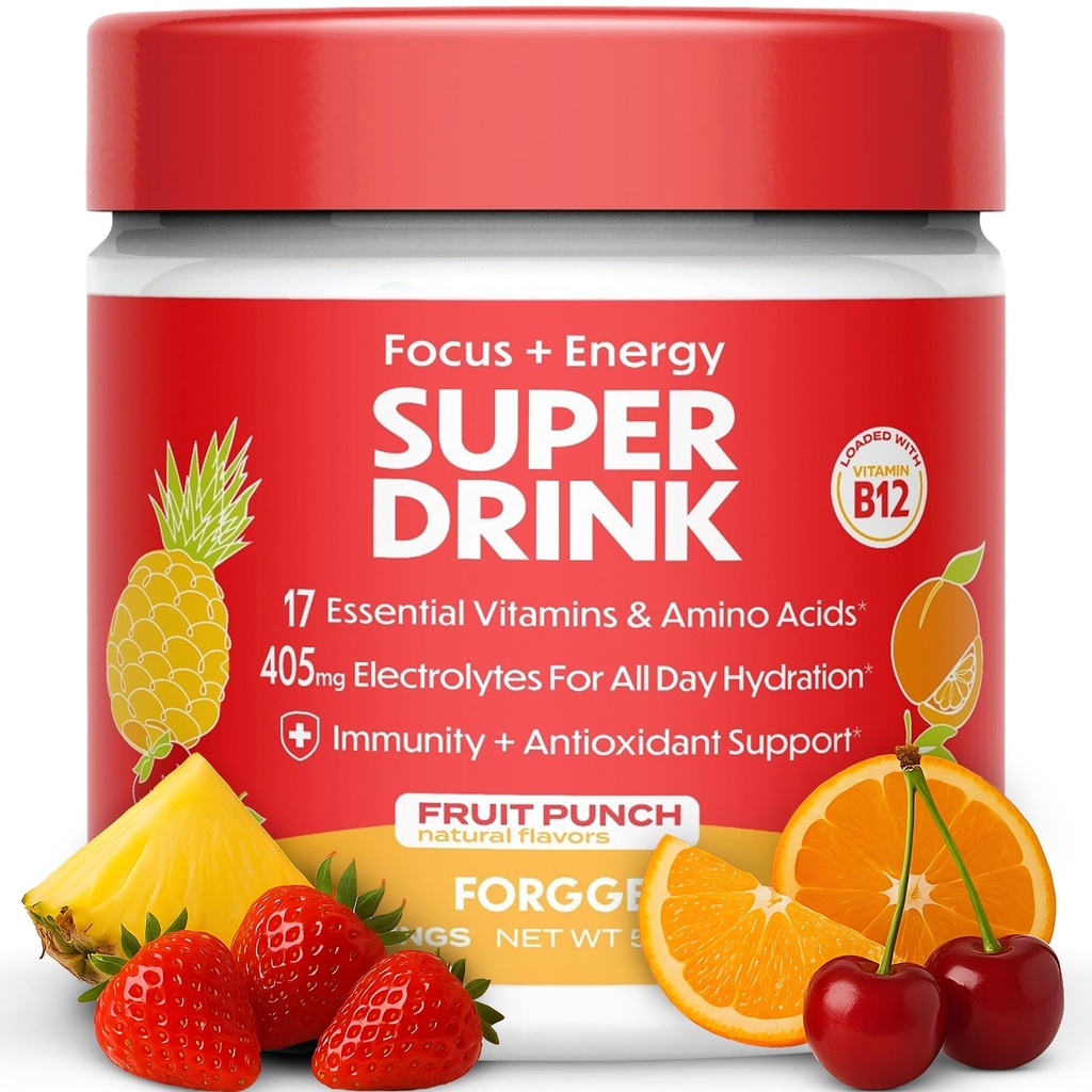 Forgge Healthy Energy Drink Powder Mix - Caffeina pulita + B12, B6, C & D Vitamine - Polvere di bevanda di energia senza zucchero con elettroliti, aminoacidi, antiossidanti, Lions Mane - Vegan, Keto-Friendly - 30 SVG, Punch di frutta