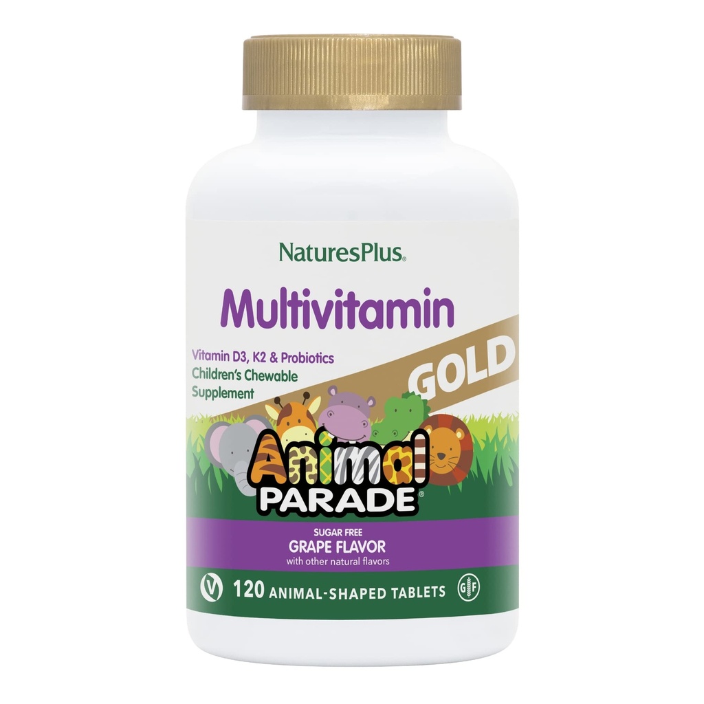 Natures Plus Animal Parade Gold Kinder Multivitamin, Trauben Flavor - 120 Kaubare Tierformtabletten - Vegan, Glutenfrei - 60 Portionen