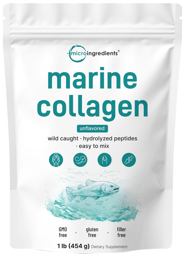 Micro Ingredients Marine Collagen Peptides Powder, 1 lb | Typ I Marine Collagen + Natural Protein | Wild gefangene Fischquelle | Unflavored | Pescatarian, Non-GMO
