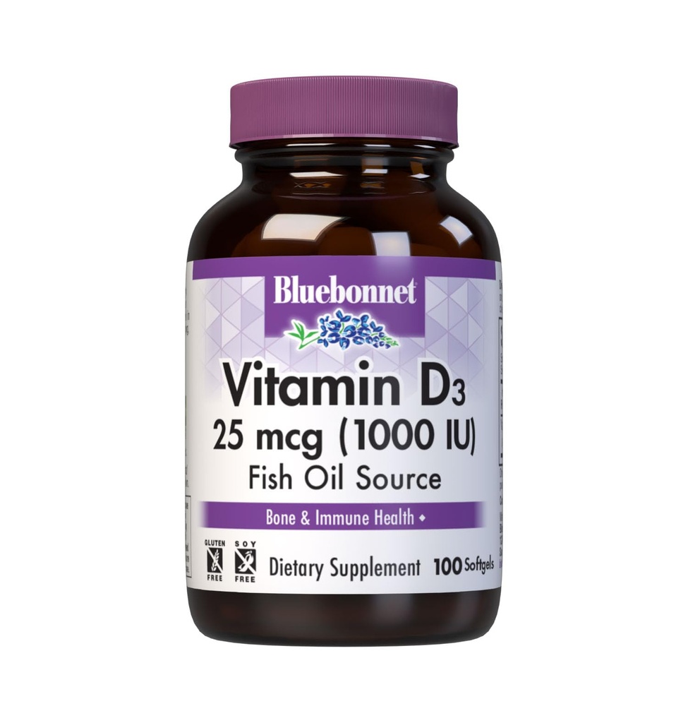 Bluebonnet Nutrition Vitamine D3 1000 UI Softgels, Aide à la croissance musculaire et squelettique, Cholecalciferol de l'huile de poisson, Non OGM, Sans gluten, Sans soja, Sans lait, 100 Softgels