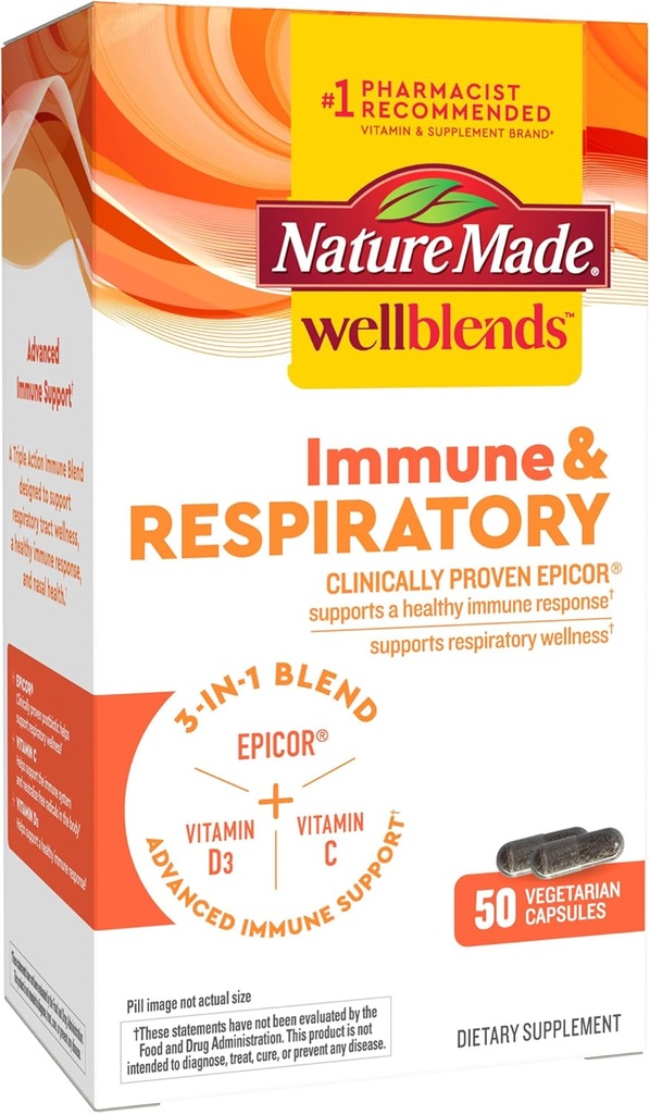 Natura fatta Wellblends Immune & Respiratory, EpiCor Postbiotic, Vitamina C, Vitamina D3, Advanced Immune Support Supplement, 50 capsule vegetariane