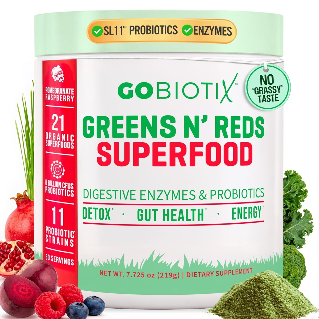 GOBIOTIX Super Greens and Reds Powder - Rote und grüne Superfood - Probiotische Ergänzung - Verdauungsenzyme und Rübenwurzelpulver - Bio Vollnahrung Nahrungsergänzungsmittel (Pom Raspberry, 1 Pack)