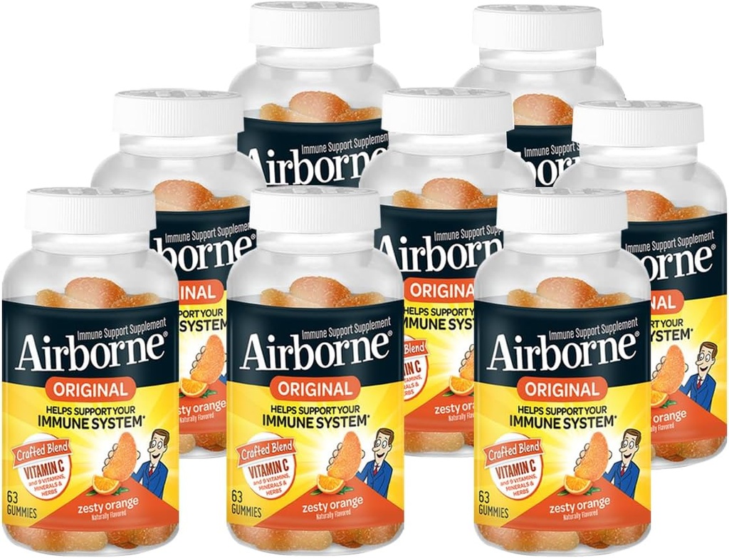 Airborne 750mg Vitamin C Immununterstützungsergänzung für Erwachsene, Zesty Orange Flavor, Glutenfreie Crafted Blend mit leistungsstarken Antioxidantien Vitamine A C & E, 63 Gummi (8 Pack)