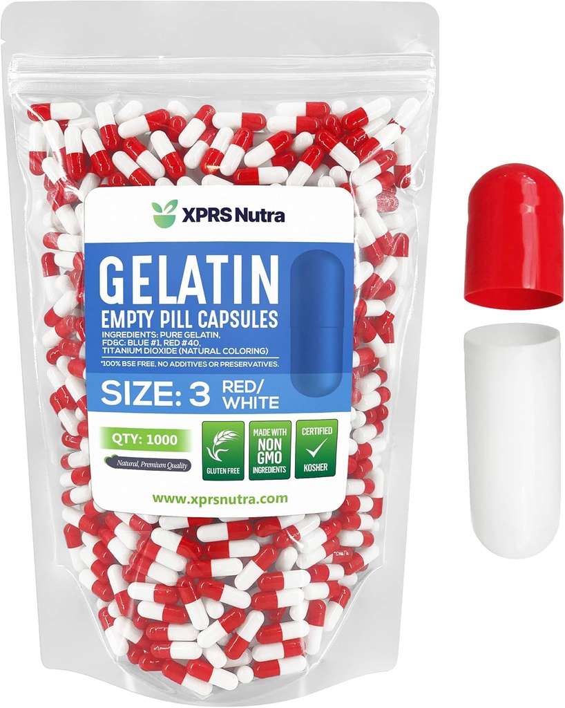 XPRS Nutra Größe 3 Leere Kapseln - 1000 Graf Leere Gelatine Kapseln - Pillen DIY Kapsel Füllung - Pure Bovine Pille Gel Kapseln füllbar für Do-It-Yourself Vitamine und Ergänzungen (Red/White)