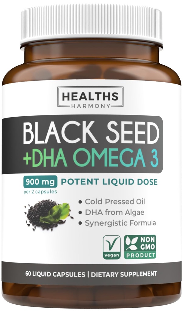 Estratto di olio di semi neri pregiati a freddo - Vegan Non-GMO Nigella Sativa Nero Olio Integratore di semi di semi di semi con Omega 3 DHA per il corpo pieno Benessere & Supporto del cervello - Vegan Omega 3 & Thymoquinone-Rich (1 mese)