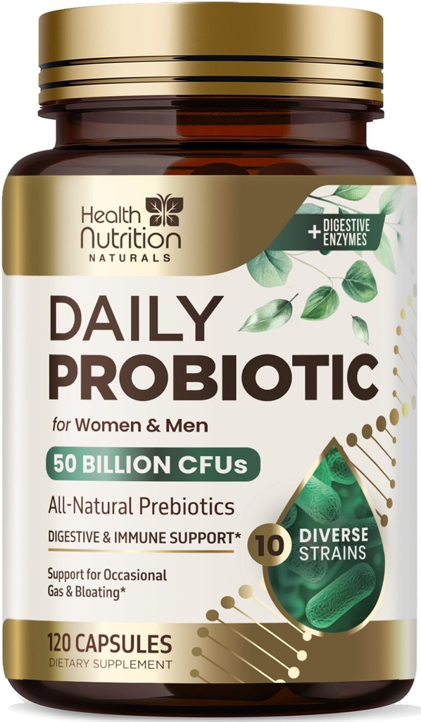 Probiotici 50 miliardi di CFU per Serving - 10 Strains + Prebiotici - Salute Digestiva, Gut & Supporto Immune - Costipazione occasionale, Gas & Bloating Supporto per donne & uomini, Bottigliato USA - 120 capsule