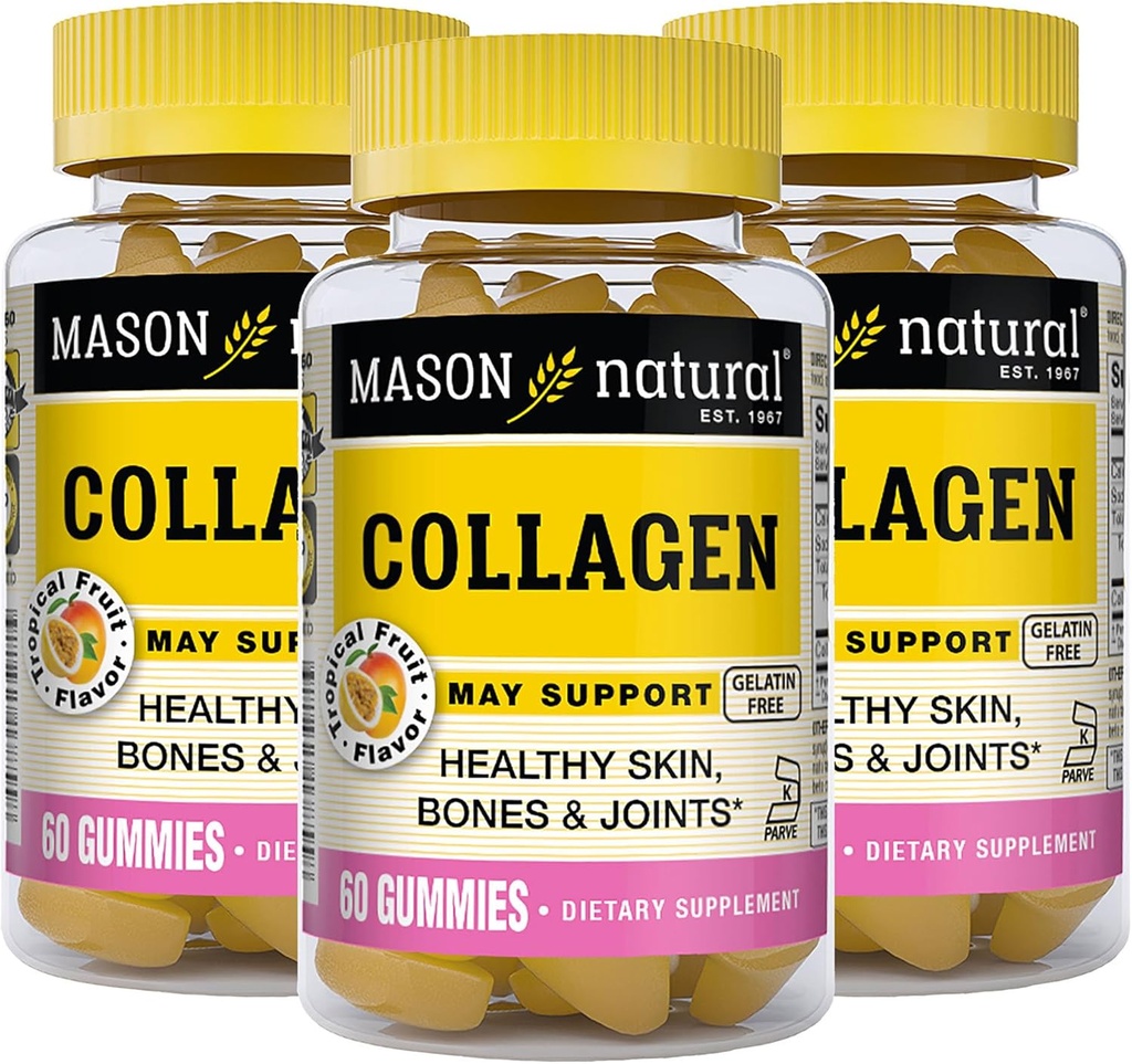 MASON NATURAL Collagen Gummies - Unterstützt gesunde Haut, Knochen und Gelenke, Tropical Flavor, Kosher, 60 Gummies (Pack von 3)