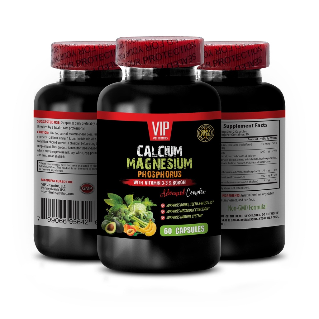 Calciumergänzung - Calcium Magnesium Phosphor mit Vitamin D-3 & Bor - Frauen Vitamine Immununterstützung mit Calcium, Calciumergänzung mit Vitamin d, Calcium Magnesium Kalium 1 Bot 60 Caps