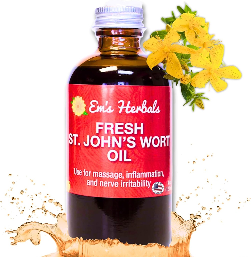 Em's Herbals Fresh St. John’s Wort Oil - Wild Harvested in USA, Natürliche Lösung für Nerve Discomfort, Hauteruptions, Wound Care, Scar und Stretch Marks - Haut, Gesicht, Körper, Haar, Massageöl (4 Oz)