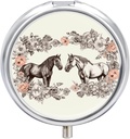 Boîte à pilules ronde en métal, Flowers and Horses Tirage à la main Imprimé Pill Organizer Portable Pill Container Petite boîte à pilules pour la chasse et la poche pour stocker les vitamines, les médicaments et les suppléments