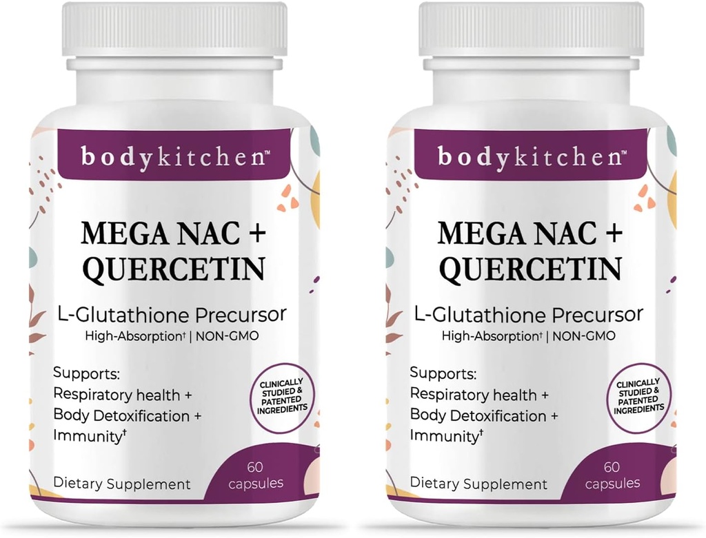 Body Kitchen Mega NAC (N-Acetyl Cysteine) 600 mg con Quercetin, Supporta la salute respiratoria e la funzione immunitaria e promuove il fegato e il rene Detox, Veggie Caps, (Pack of 2)