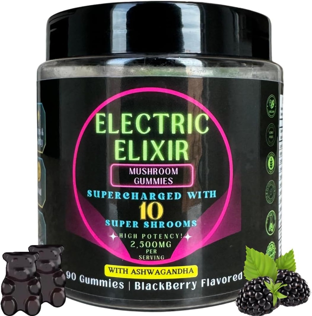 Lion's Mane & Ashwagandha Supplement Pilzgummis - bio, Vegan, Nootropic, GlutenFree - Umfassende Ergänzung für Gehirn Fokus, Energie, Stimmung & Stamina - 10 Pilzmischung 90Count BlackBerry