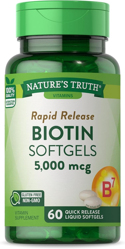 Natura's Truth Biotin 5000mcg | 60 softgels | Non-OGM & Gluten Supplemento gratuito per uomini e donne