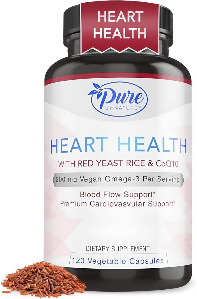 Riz de levure rouge pur par nature avec supplément CoQ10 pour hommes et femmes, 200mg Oméga végétalien 3 par portion, sans gluten sans OGM, 120 capsules