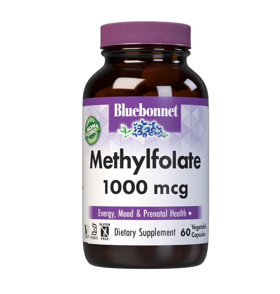 BlueBonnet Nutrition Methylfolate 1000 mcg, per l'energia, l'umidità e la salute prenatale*, non OGM, Vegan, Kosher Certificato, senza glutine, 60 capsule vegetali, 60 Serve