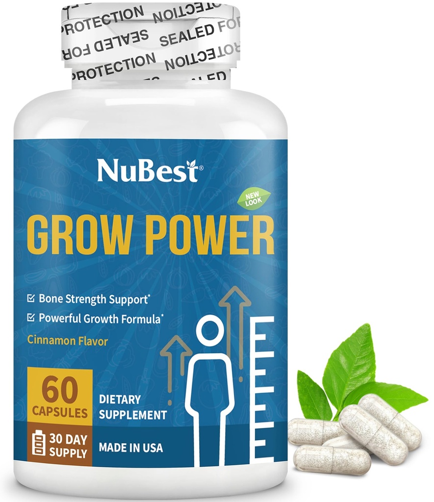 NuBest Grow Power - Supplément de calcium, supplément de magnésium avec vitamine D3, B6, zinc, phosphore et multivitamine pour les os forts, santé globale pour l'âge de 10 ans et plus 60 capsules