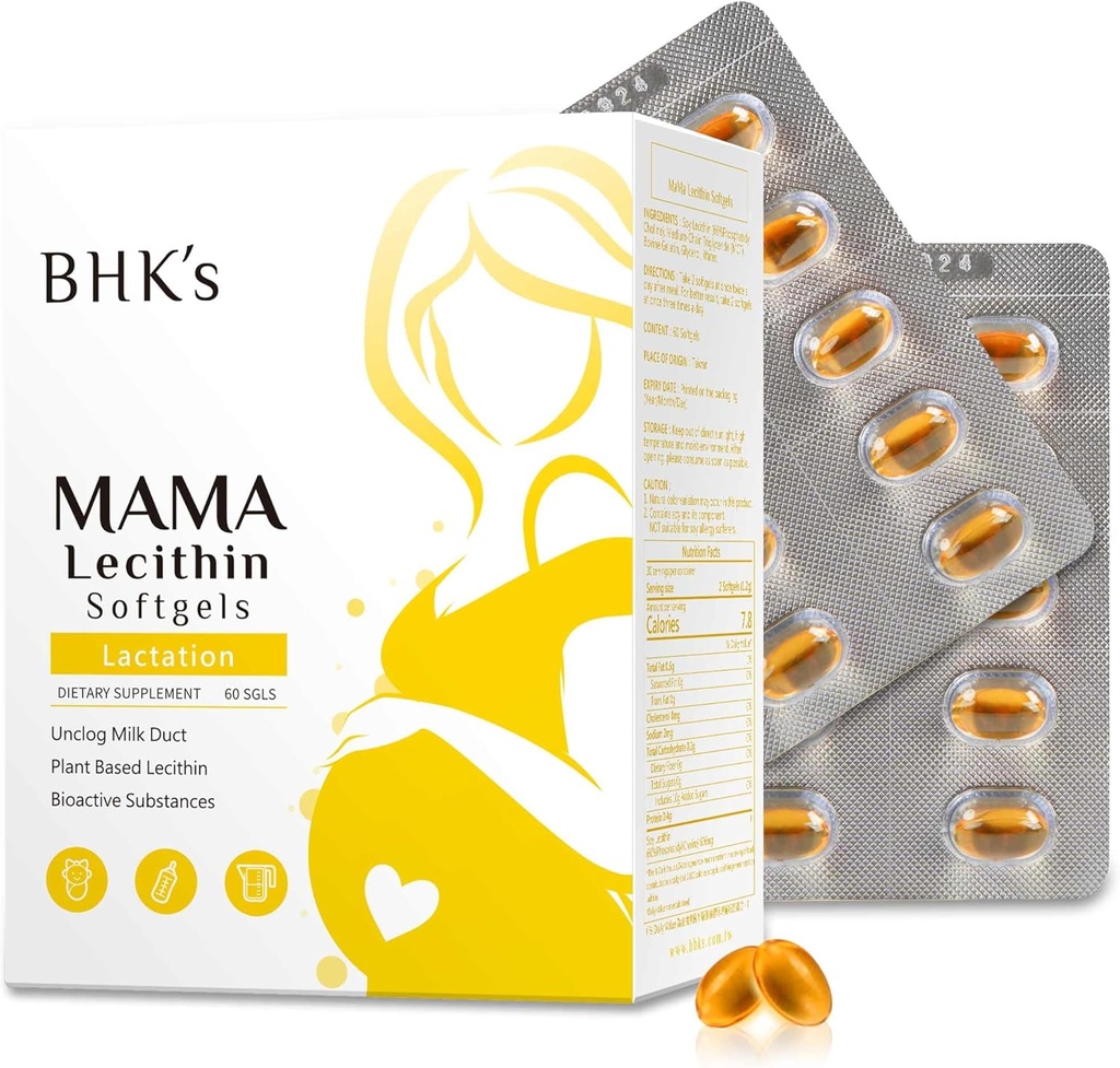 BHK's Mama Lecithin Softgels, Unclog Breast Ducts for Smoother Breastfeeding, Supplemento per la gravidanza, Evita i denti di latte, 60 softgels, alimentazione 2-Week