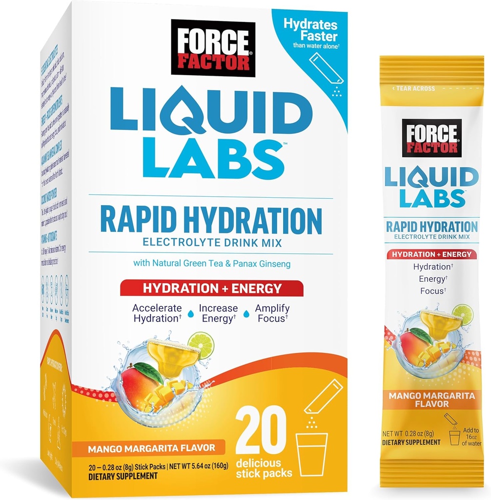 Fattore di Forza Liquid Labs Electrolytes Powder Packets—Mango Margarita—Energy Hydration Packets per rendere l'acqua elettrolita con 5 elettroliti essenziali, vitamine, minerali e antiossidanti, 20 Stick Packs