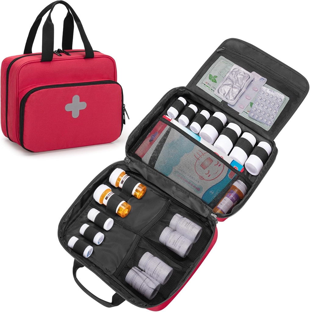 CURMIO Pill Bottle Organizer Tragbare Medizin Tasche, abschließbare verschreibungspflichtige Flasche Lagerung für Pillen Flaschen, Vitamine, medizinische Ergänzungen für Heimlagerung und Reise, Rot (Empty Medicine Bag)