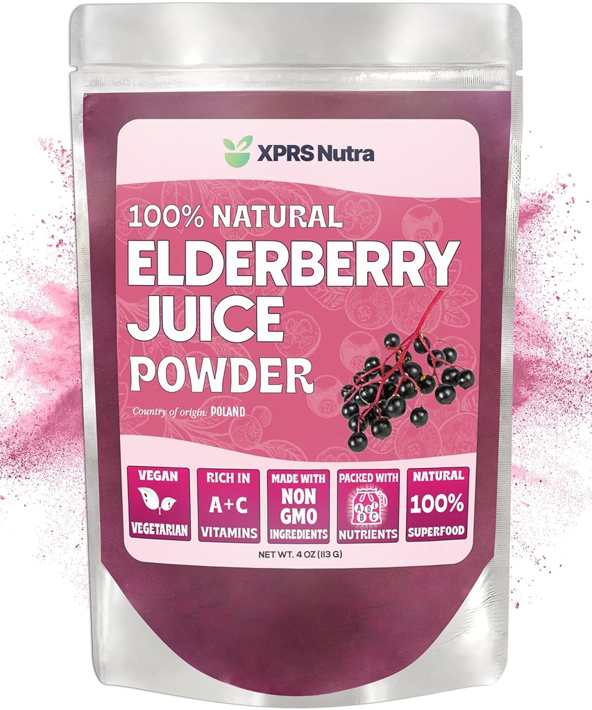 XPRS Nutra Poudre de Jus de Elderberry - Mélange de Jus de fruits biologiques en poudre - Supplément de Jus de Elderberry en poudre riche en vitamines A et C (4 oz)