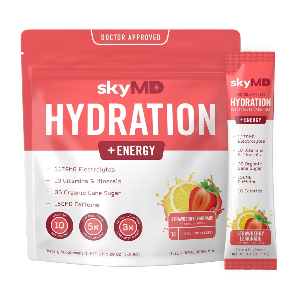 Idratazione SkyMD + Energy | Electrolytes Powder Packets | Low Sugar, Sodium, 10 Calorie | 10 Vitamine & Minerali | 150g Caffeina per maggiore concentrazione e performance | Limonata di fragole | 14 Sticks