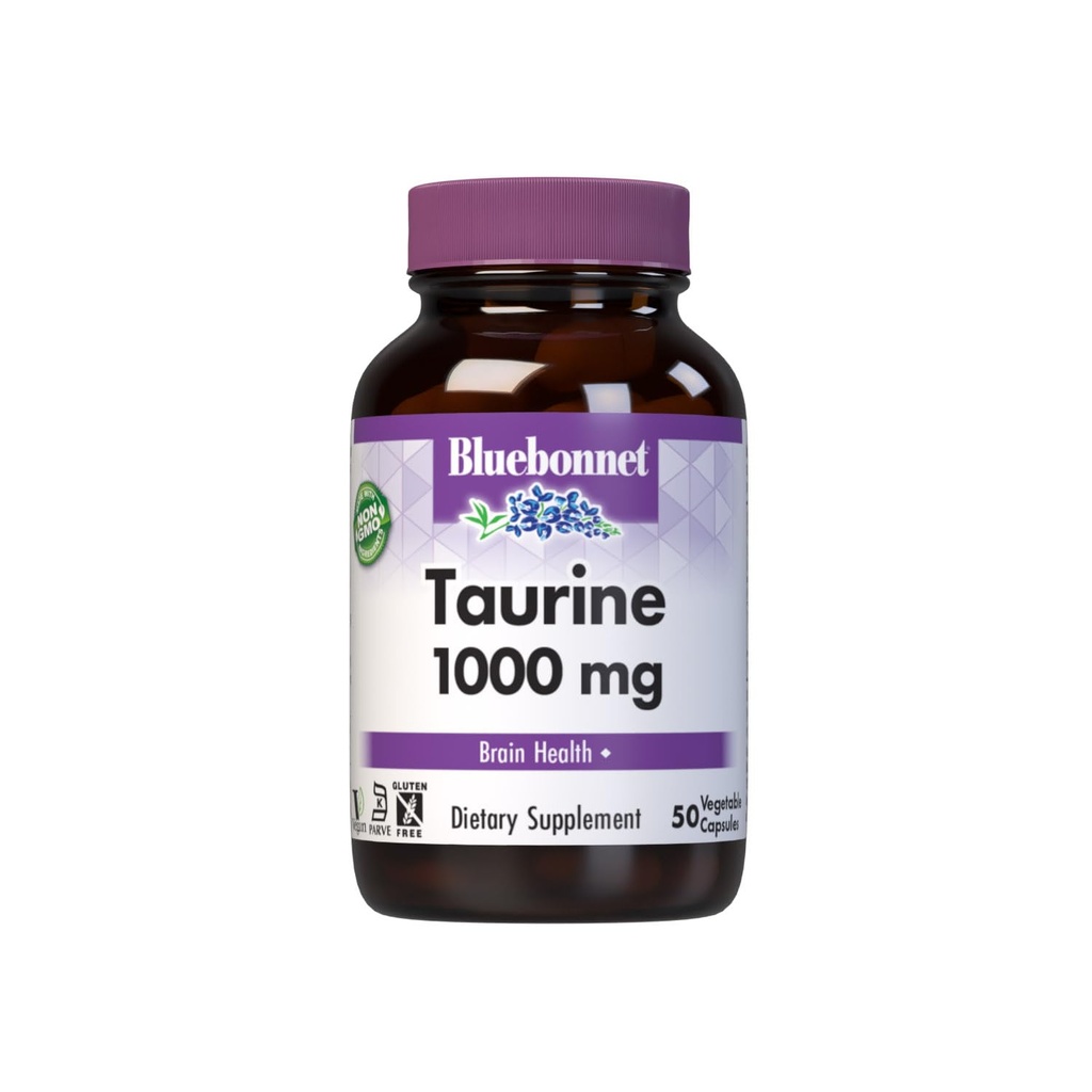 Bluebonnet Nutrition Taurine 1000 mg, Nervous System Health*, Non-GMO, Vegan, Kosher Zertifiziert, Glutenfrei, Sojafrei, 50 Gemüsekapseln, 50 Portionen