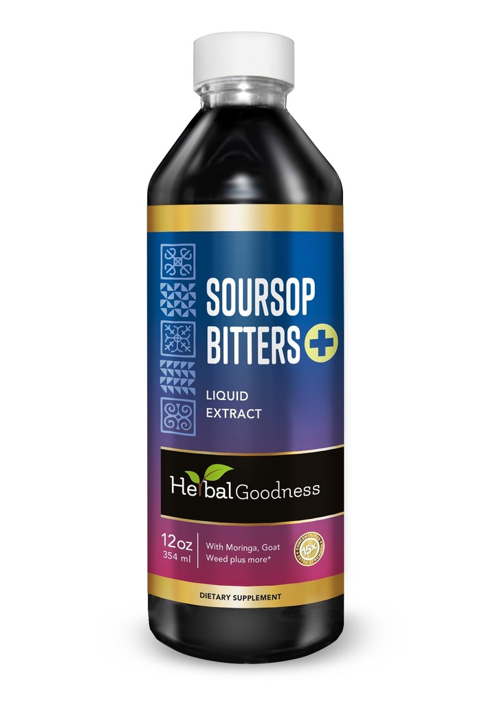 Herbal Goodness Soursop Bitters Liquid Drops, 10 in 1 con Moringa, Papaya, Burdock & Ginger, Organic Serene Soursop Bitters - Gut Support & Natural Body Detox Herbal Tonic | Vegan, Non-GMO, 12 Fl Oz
