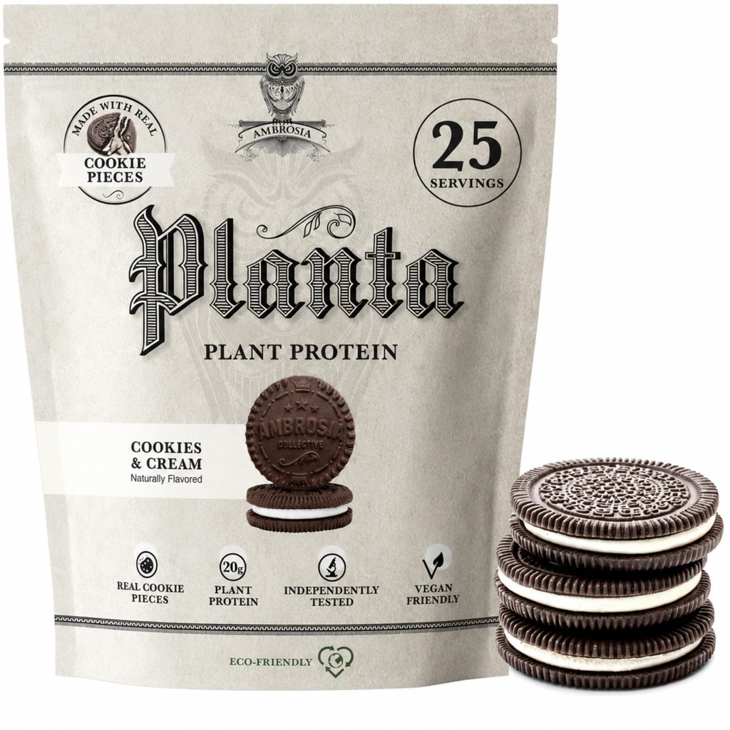 Ambrosia Planta - Premium Plant-Based Protein | Vegan & Keto Friendly | Guurmet Flavors with No Bloating or Stomach Upset | Gluten & Soy Free | No Aggiunto Sugar | 25 Servings | Cookies Cream