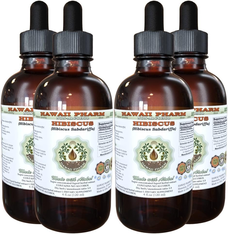 Hibiscus Extrait liquide sans alcool, Hibiscus biologique (Hibiscus Sabdariffa) Fleur séchée Glycérite Hawaii Pharm supplément naturel à base de plantes 4x4 oz