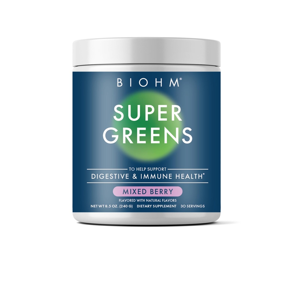 BIOHM Super Greens, Green Superfood Powder (8.5 Oz, 30 Servierungen) Antioxidant Veggie Powder & Smoothie Mix, 34 Superfoods & Spirulina, Verdauungsenzyme, Präbiotika und Probiotika, Gemischte Berry Flavor