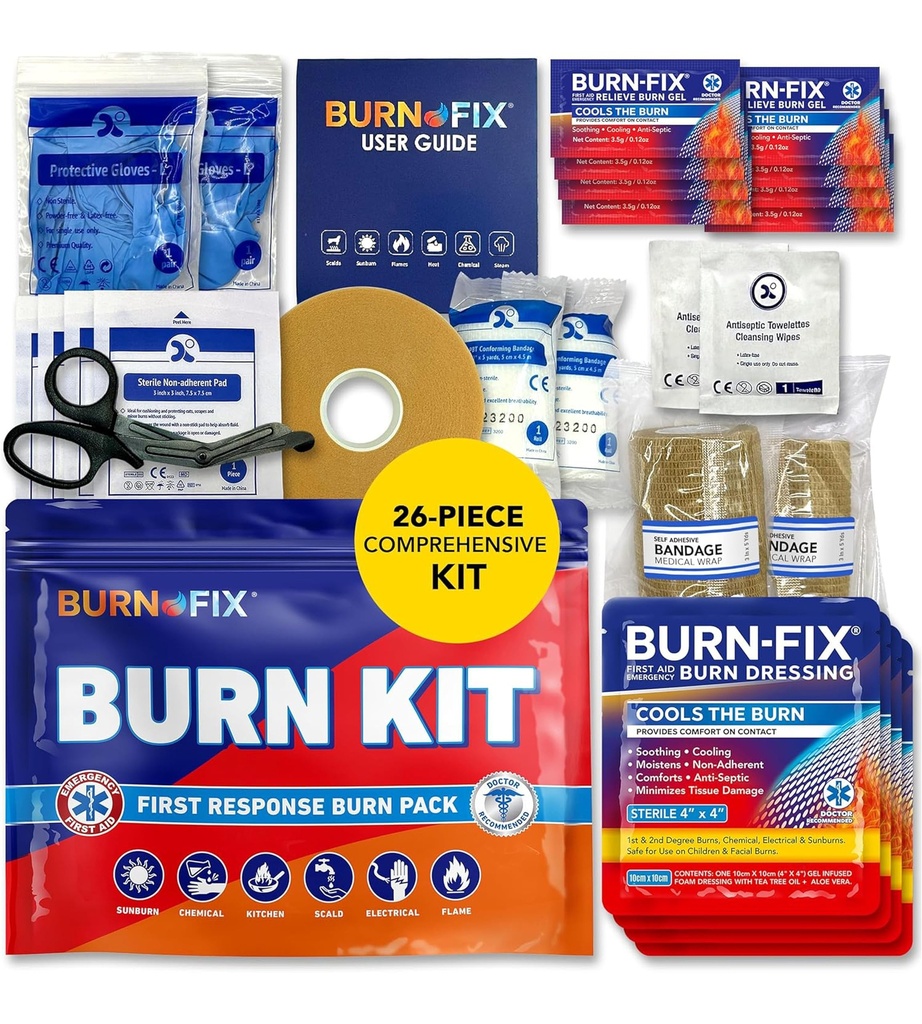 BurnFix® Burn Kit First Aid for Burns Emergency – 26-Piece Burn Treatment with Cooling Gel, Dressings & Gloves – Cucina, Sunburn, Chemical & Scald Relief – Casa, ufficio, viaggio