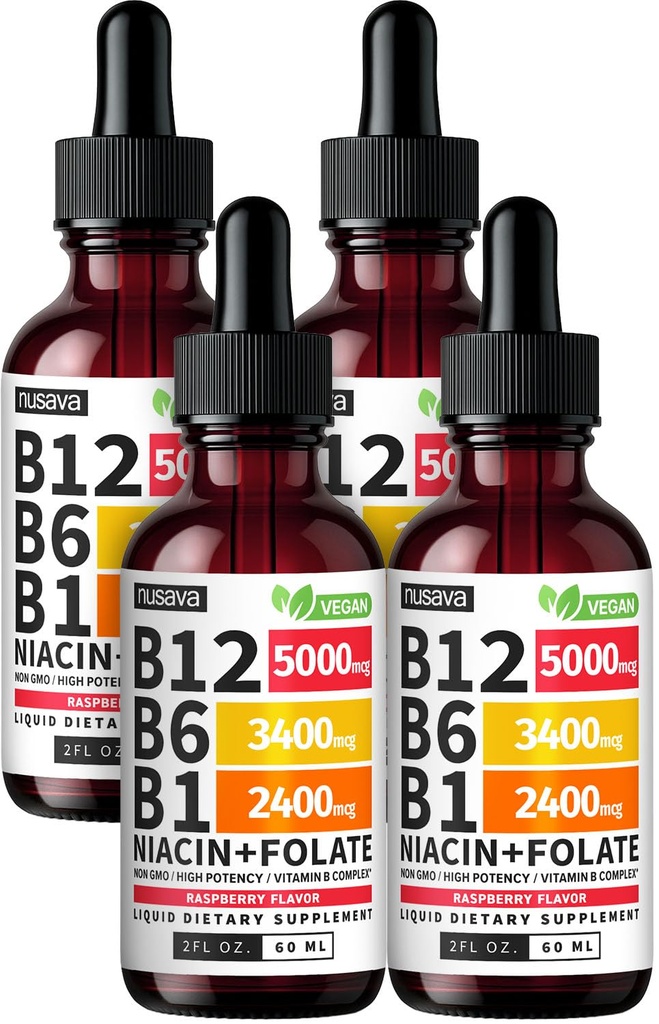 (4 Pack) Vitamina B12 e B6 Gocce liquide, B12 Complesso di vitamina B sublinguale - B 12 vitamina 5000mcg - B12 Methylcobalamin per energia, cervello e supporto cardiaco con 27.200 mcg, fragola, 80 Serve