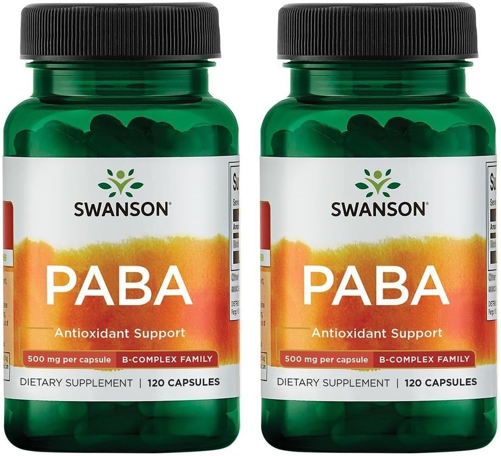 Swanson PABA - Potente complesso B che supporta la formazione di globuli rossi - componente acido folico che aiuta l'ossigeno a celle e il supporto della salute della pelle - (120 capsule, 500 mg ogni) (2 pacchetto)