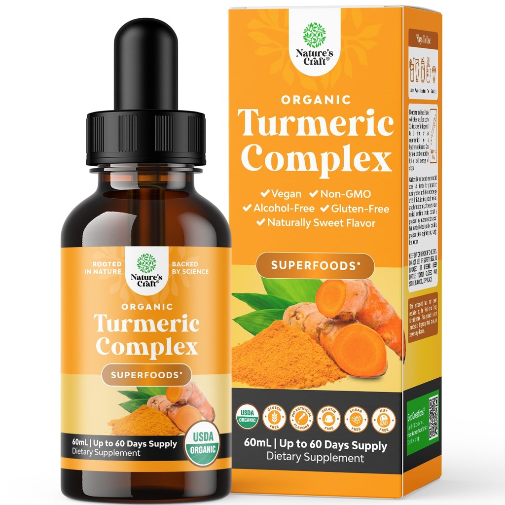 Organic Turmeric Liquid Drops für Erwachsene - Kurkuma mit schwarzem Pfeffer, Cinnamon & Ginger Extract Liquid für Gelenkschmerzen, Mobilität & Entzündung - Curcumin Drops für Immununterstützung - 60ml (2oz)