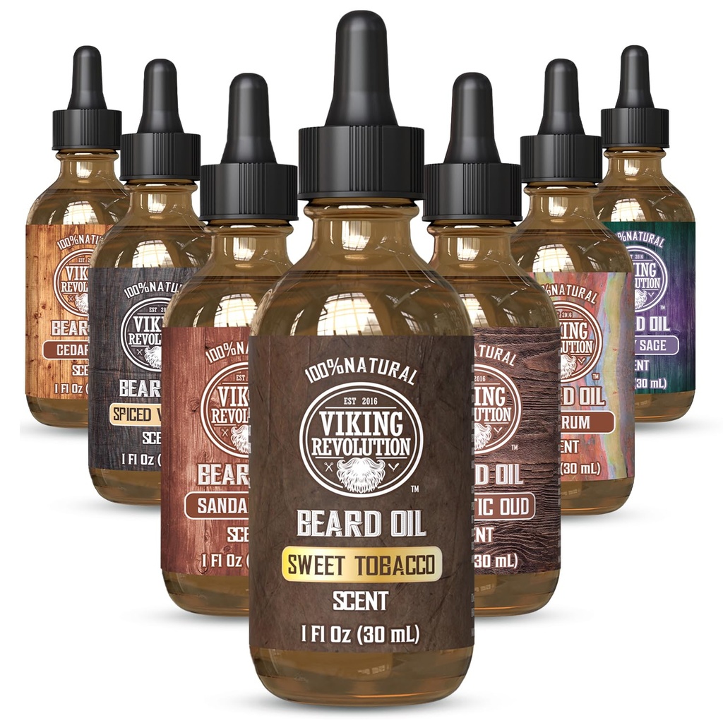Revolution Viking Huile de barbe au tabac douce pour les hommes - Huile de barbe naturelle pour hommes avec huile d'argan et huile de jojoba - Adoucisseur de barbe, renforce et hydratante - Conditionneur de barbe pour les hommes (Tabac sucré,1Pack)