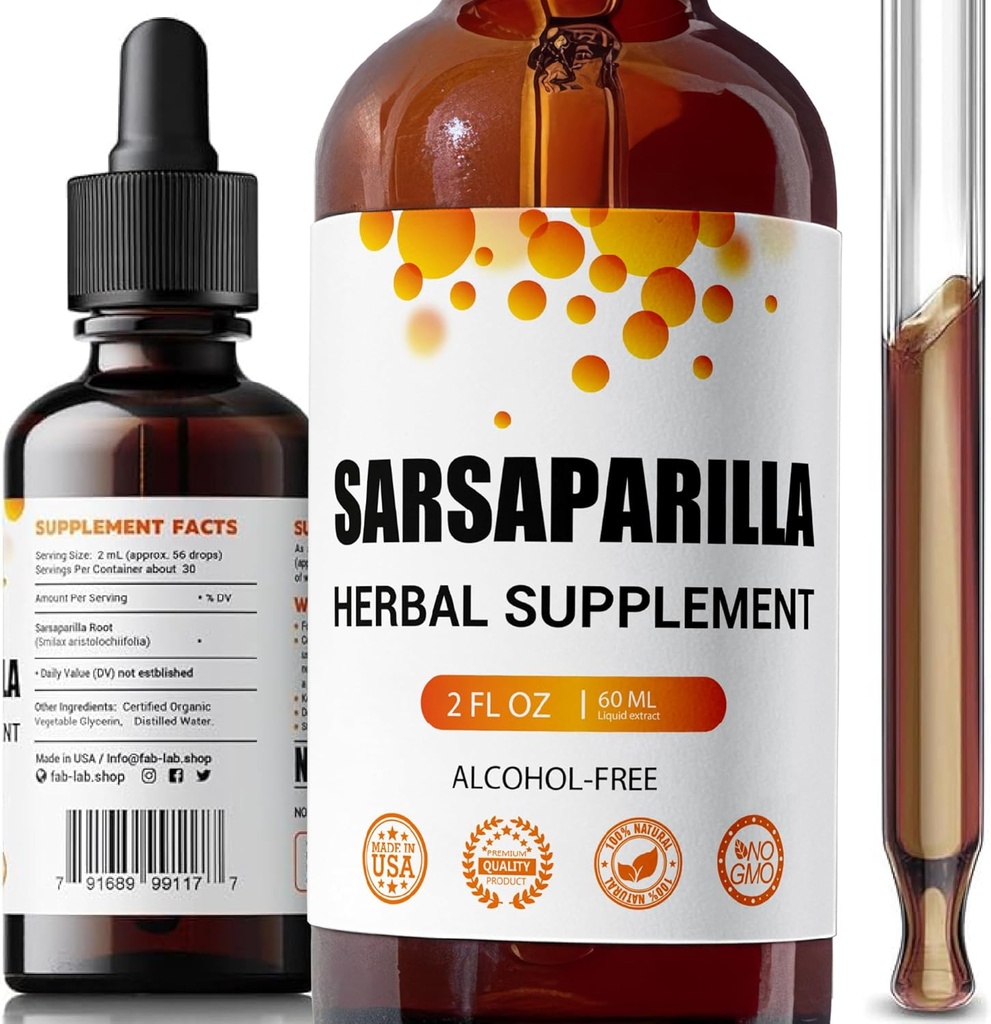 FabLab Sarsaparilla Root Tincture - Kräuterergänzung für Detox und Immununterstützung - 2 Fl Oz - Alkoholfrei - Non-GMO - Unterstützt gesunde Haut, Hormon Balance und Verdauung