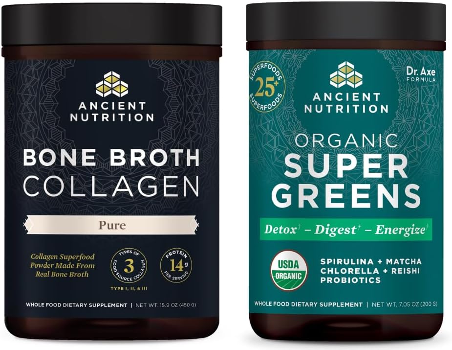 Antica Nutrition Bone Broth Collagen Powder, Pure, 30 Serve + Polvere Superverde Organica, Greens Flavor, 25 Serve