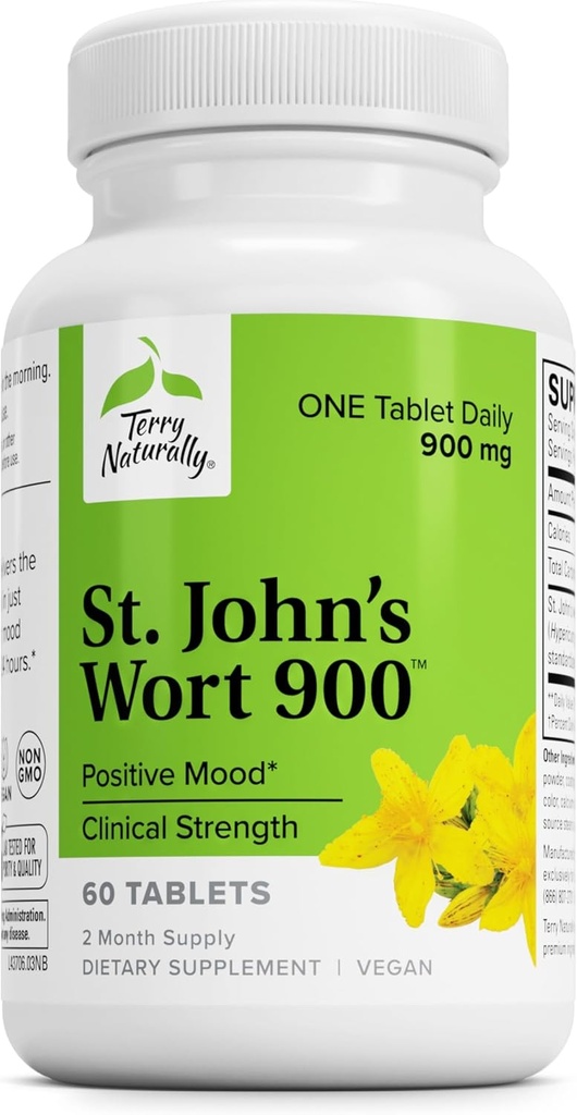 Terry Naturally St John's Wort 900-60 Tablets - Bietet volle klinische Dosis - Non-GMO, Vegan, Glutenfrei - 60 Portionen