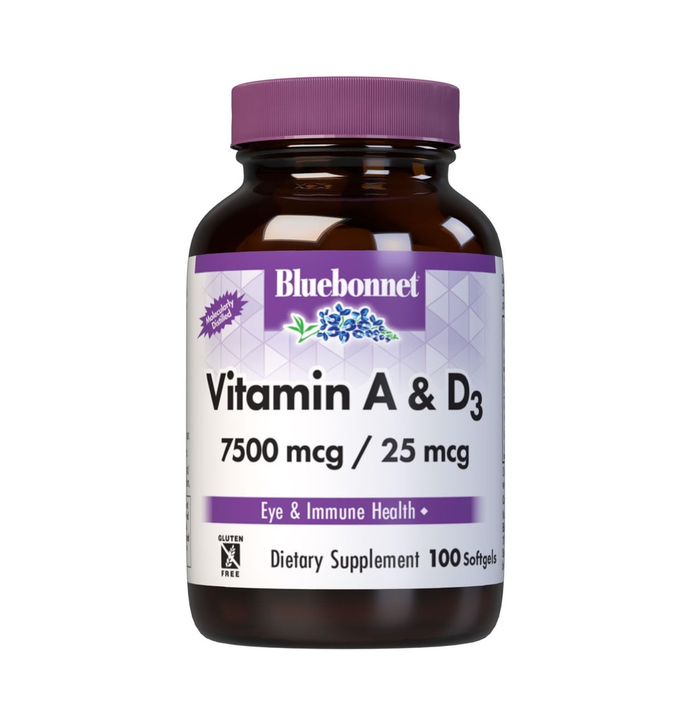 Bluebonnet Nutrition Vitamin A & D3 25.000 IU/1.000 IU aus Tiefsee, Kaltwasser, Fischöl - Für Augengesundheit & Immunfunktion* - Glutenfrei - Molecularly Distilled - 100 Softgel/Servings