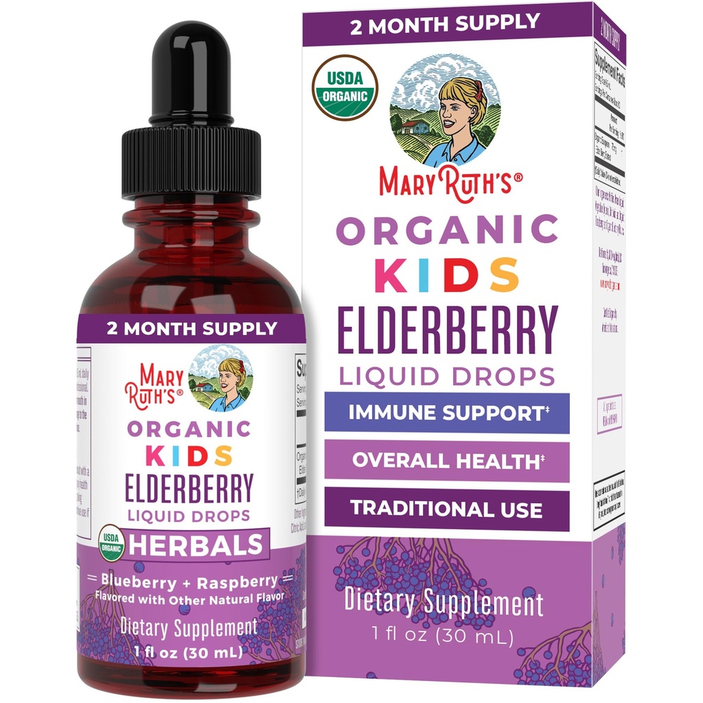 MaryRuth Organics USDA Organic Elderberry Liquid Drops für Kinder | Vegan Elderberry Extract Organisches Glycerin | Immununterstützungsergänzungsmittel | Gesamtgesundheit | Formuliert für Alter 4-13 | 1oz