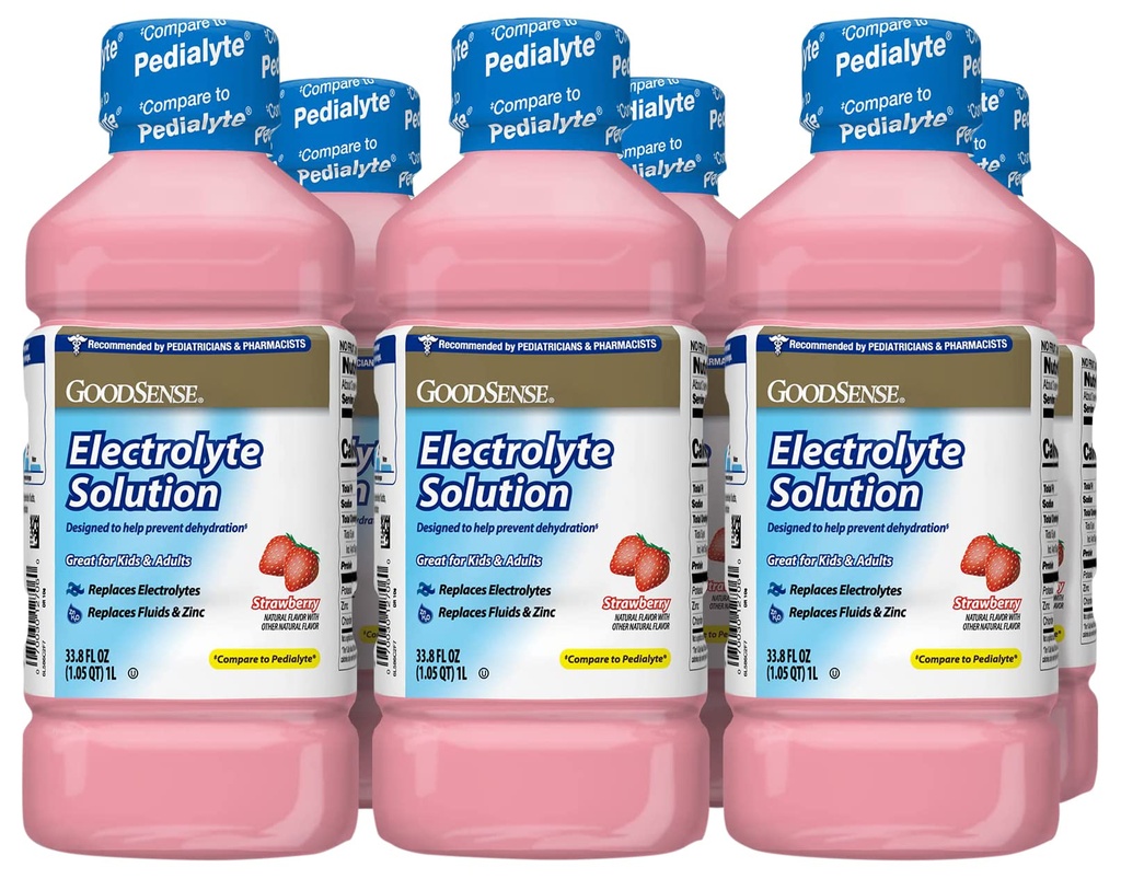 Solution d'électrolyte de fraise sensée, remplace les électrolytes, les fluides et le zinc, les enfants et les adultes, 33,8 onces de fluides (paquet de 6)