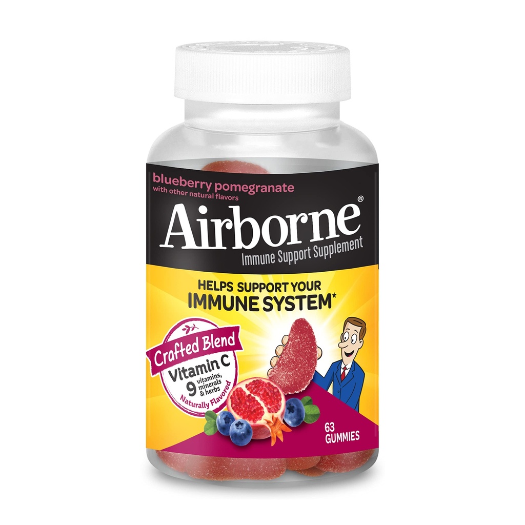Airborne 750mg Vitamine C Gommies pour adultes, supplément de soutien immunitaire avec des antioxydants puissants Vitamines A C & E - 63 Gommies, Blueberry Pomegranate Saveur