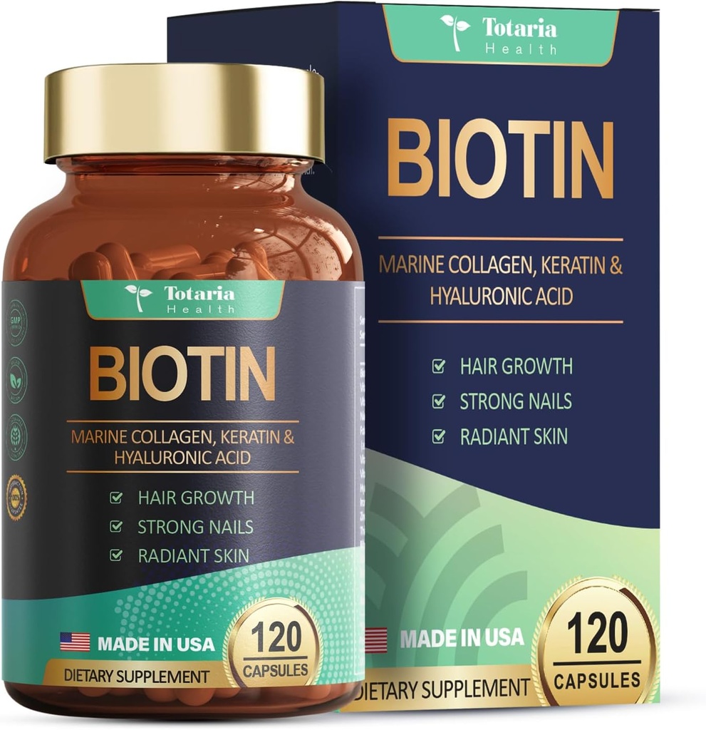 Totaria Biotin Hair Support for Women High Absorption – Soutient la santé des cheveux, de la peau et des ongles 120 Compte