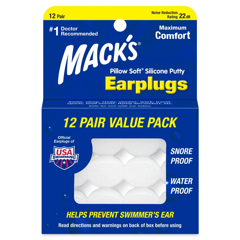 Mack's Pillow Soft Silicone Earplugs, 12 Pair – The Original Moldable Silicone Putty Ear Plugs for Sleeping, Snoring, Swimming, Travel, Concerts and Studying | Made in USA