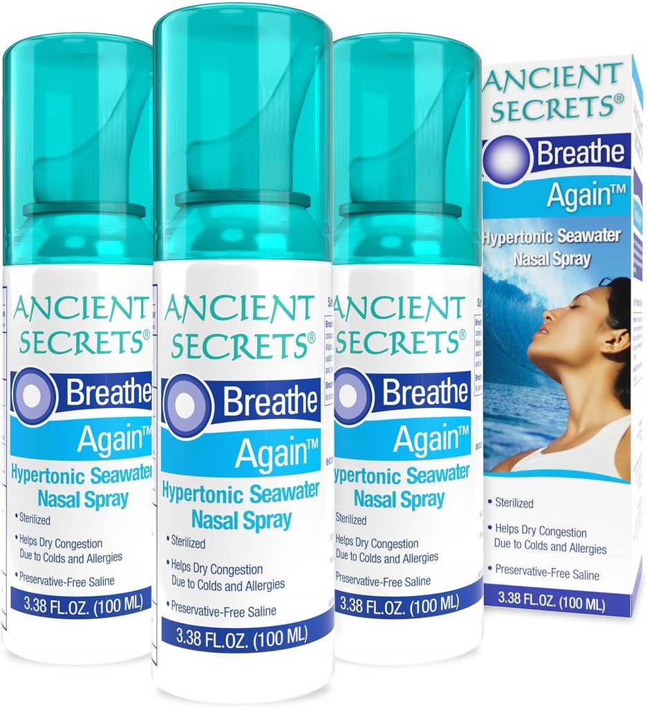 ANCIENT SECRETS Saline Nasal Spray - Respirare nuovamente ipertonico Seawater Nasal Spray, Allergy & Sinus Relief, Nasal Congestion Moisturizer, 3.38 Fl Oz (Pack of 3)