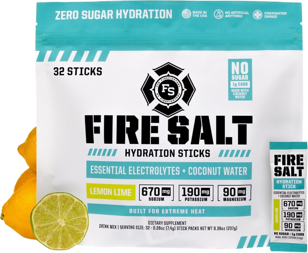Bastoncini di idratazione del sale da fuoco, elettroliti e acqua di cocco, miscela di bevande di idratazione con magnesio, potassio e sodio, zucchero zero, singolo servizio sui pacchetti di Go, Lime di limone, 32 conte