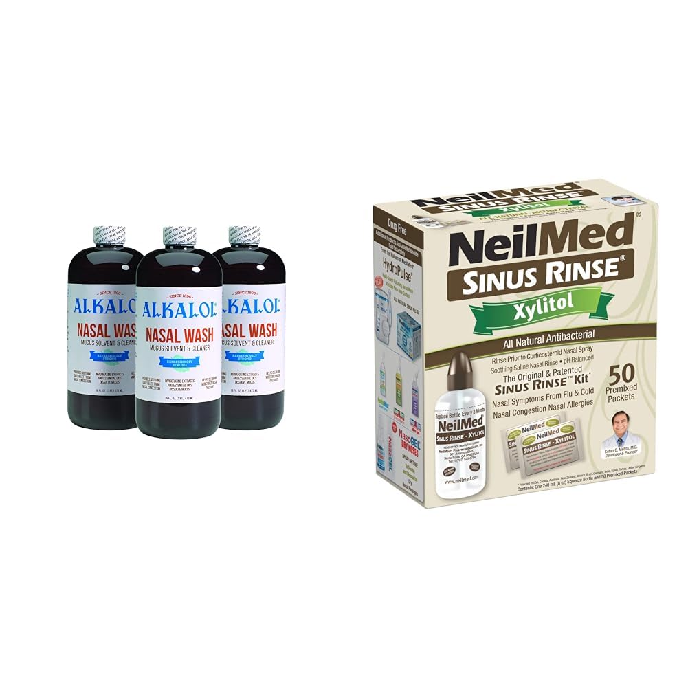 Alkalol Nasal Wash 3 Pack, NeilMed Sinus Rinse Kit con Xylitol - Rilievo naturale dalla Congestione nasale, Dissolves Mucus, Antibatterico