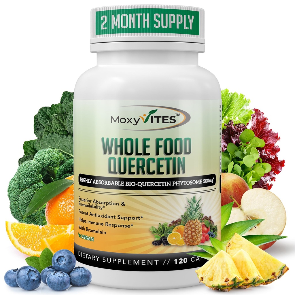 MoxyVites Quercetin mit Bromelain 500mg Supplement - Bioactive Phytosome Complex, Pure Organic Whole Food Seasonal Support, Antioxidant, 20X Absorption & Bioverfügbarkeit-120 Caps